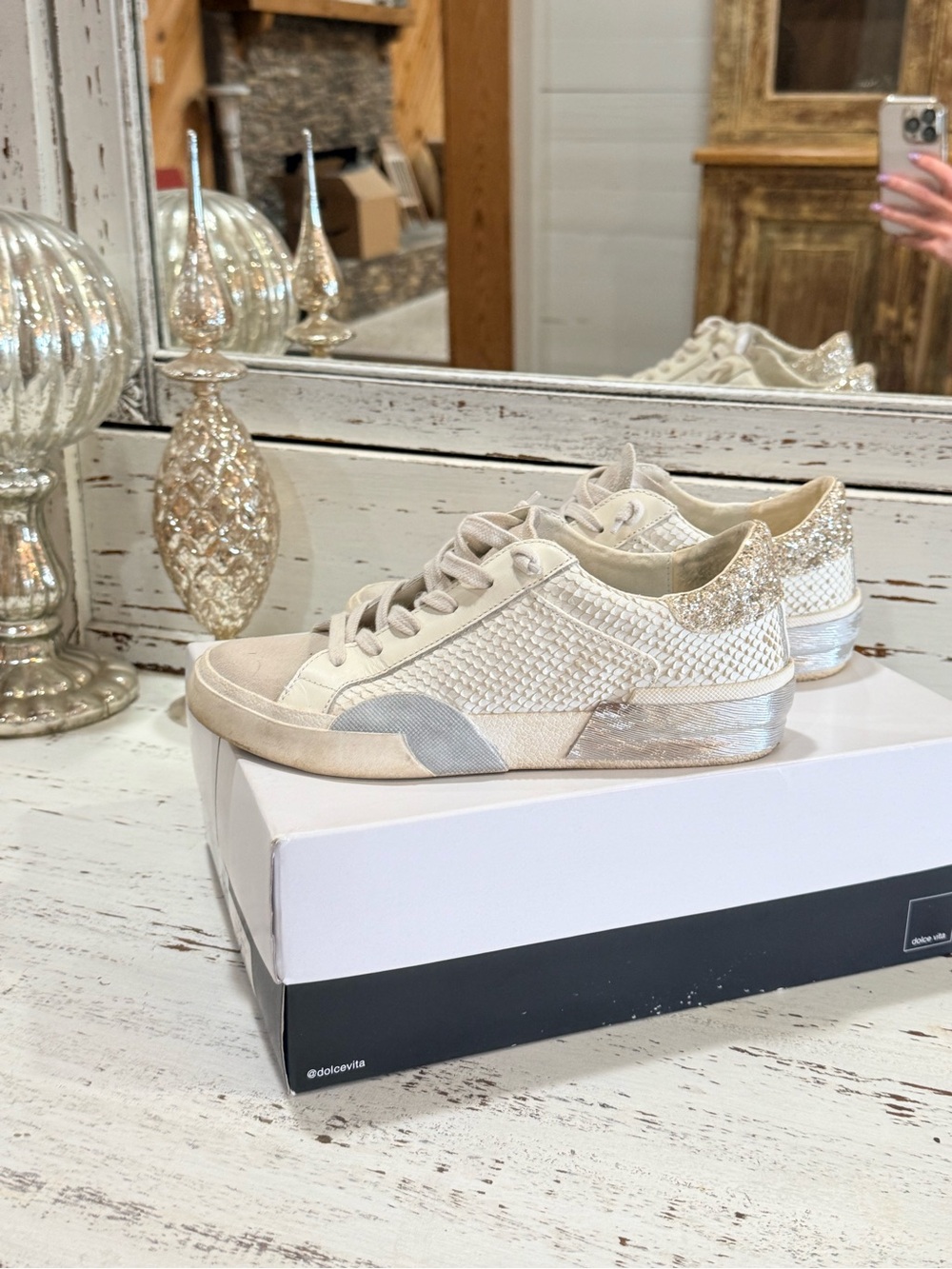 Dolce Vita Cream Woven Lace-Up Sneakers with Metallic Heel